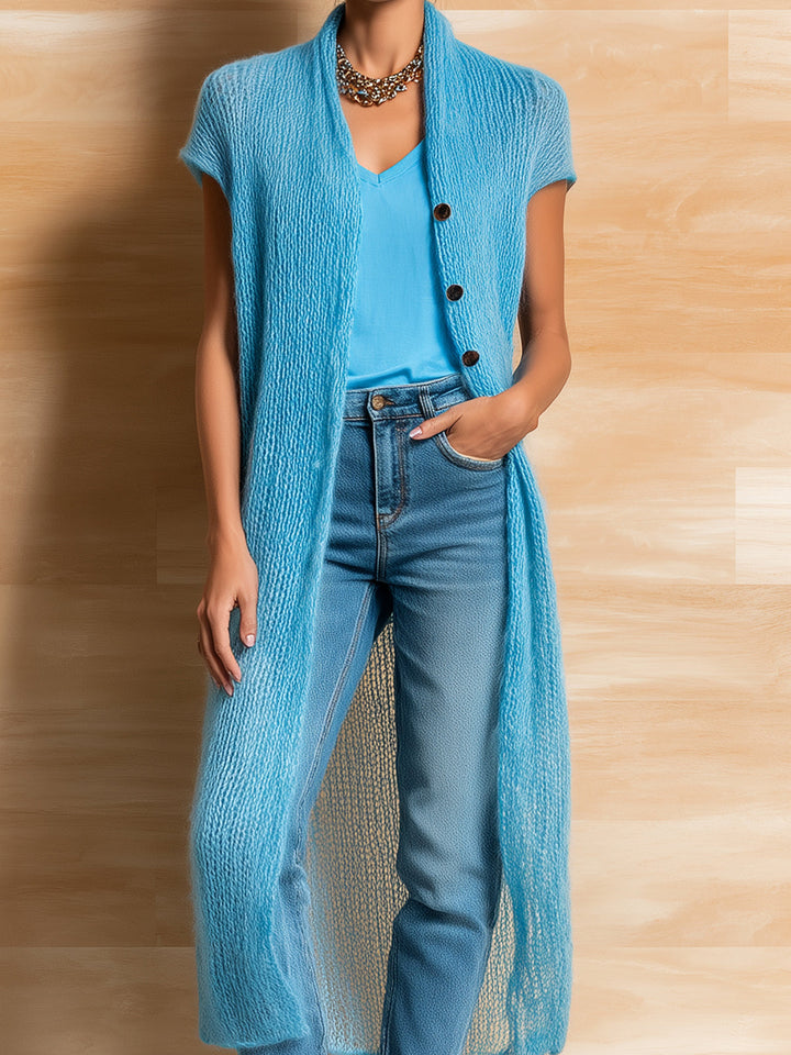 4Seasons Chic Elegant Blue Collarless Single-Breasted Short-Sleeve Loose-Fit Mohair Knit Long Cardigan