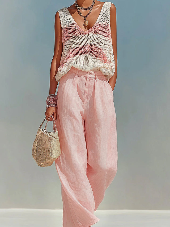 4Seasons Chic Elegant Pink-White Stripes V-Neck Sleeveless Loose-Fit Knit Tank Top Pink Satin Pants Two-Piece Set