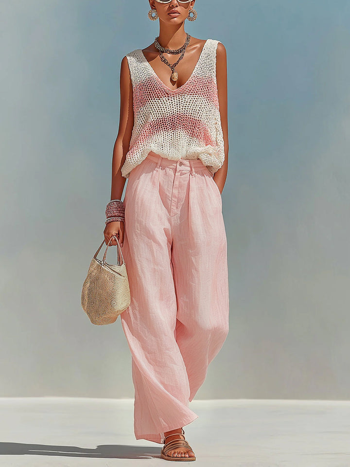 4Seasons Chic Elegant Pink-White Stripes V-Neck Sleeveless Loose-Fit Knit Tank Top Pink Satin Pants Two-Piece Set