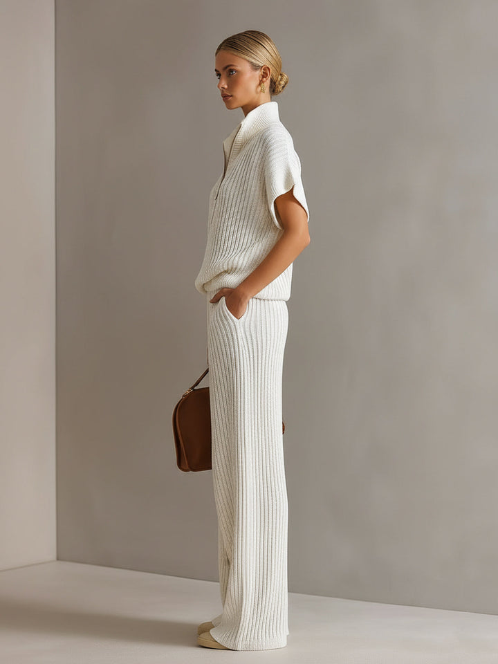 4Seasons Chic Elegant Cream White Zipper-Up Stand Collar Oversize Short-Sleeve Sweater  Wide-Leg Pants Ribbed Knit Two-Piece Set