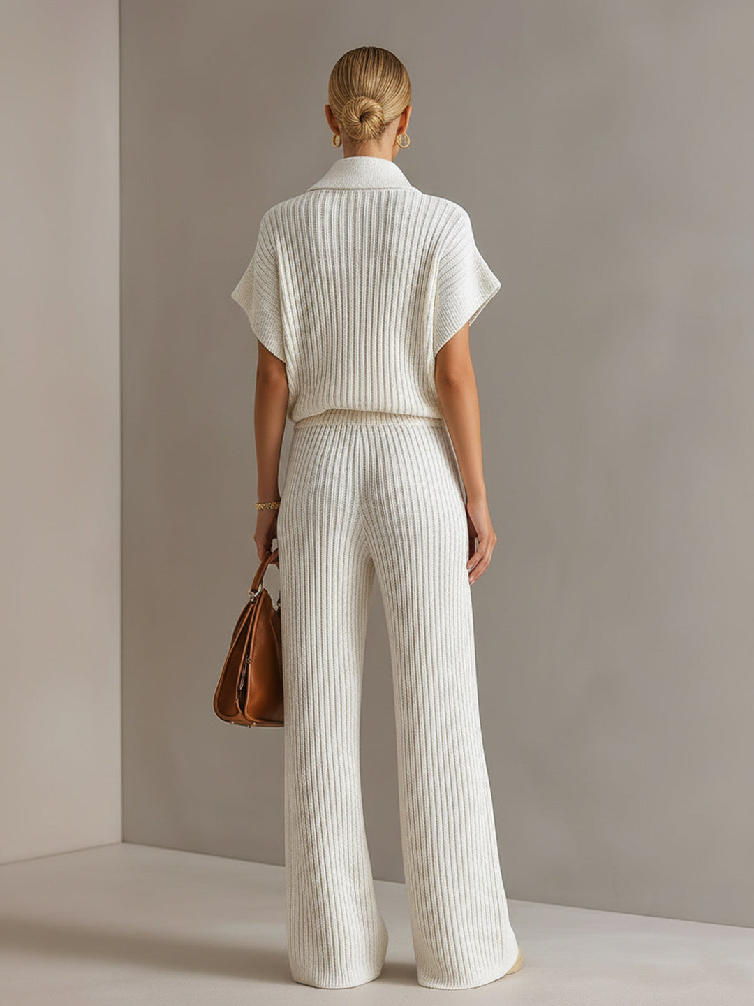 4Seasons Chic Elegant Cream White Zipper-Up Stand Collar Oversize Short-Sleeve Sweater  Wide-Leg Pants Ribbed Knit Two-Piece Set