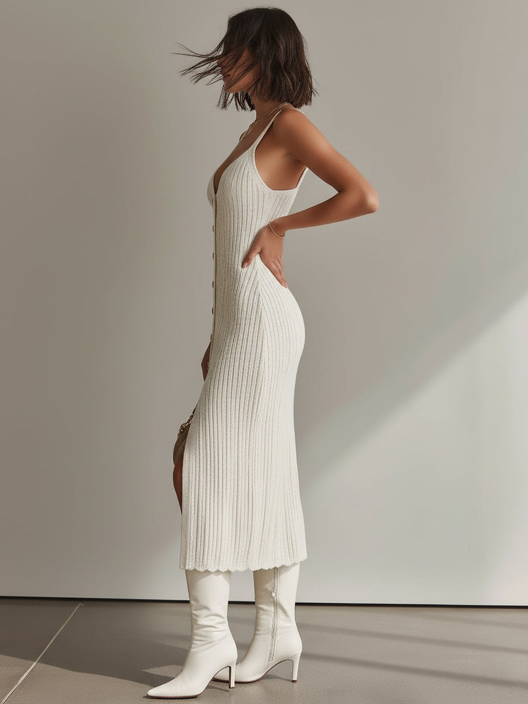 4Seasons Chic Vintage White Deep V-Neck Sleeveless Button-Front Slim-Fit Knit Midi Dress