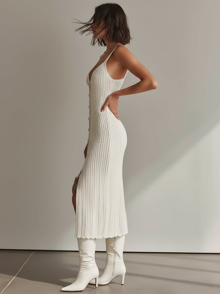 4Seasons Chic Vintage White Deep V-Neck Sleeveless Button-Front Slim-Fit Knit Midi Dress
