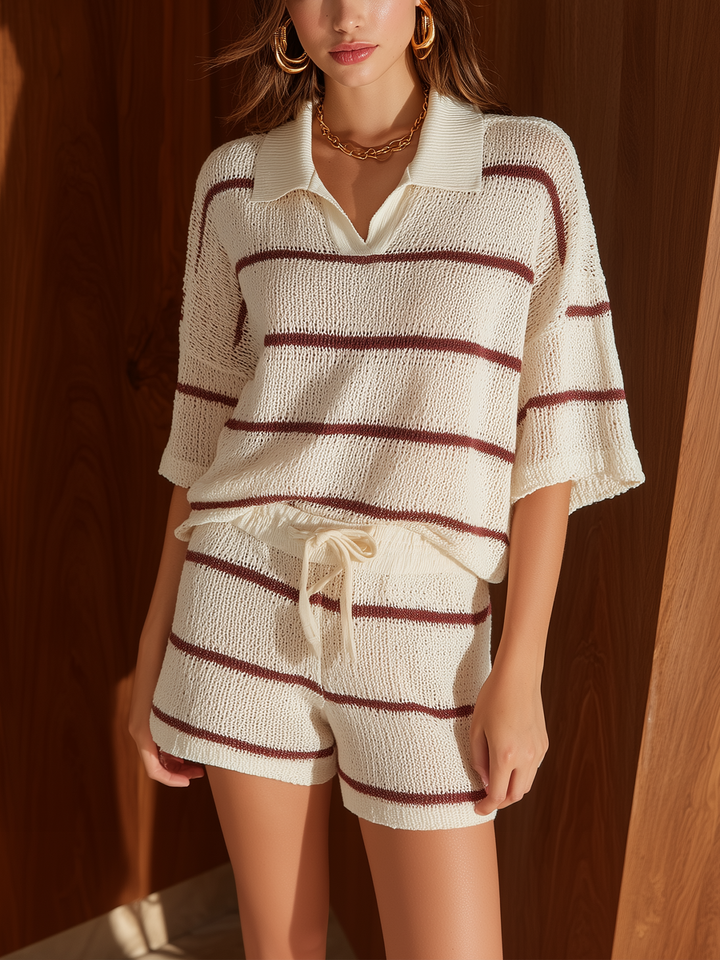 4Seasons Chic Elegant White-Red Striped Lapel Collar Short-Sleeve Loose Sweater Top Drawstring Elastic Waist Shorts Knit Two-Piece Set