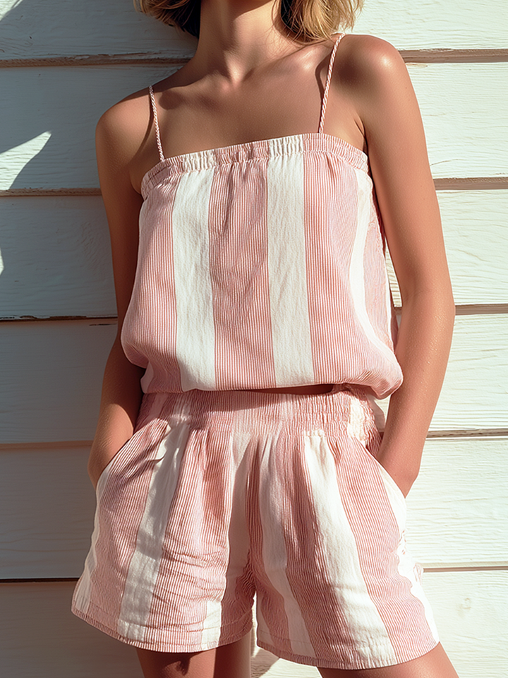 4Seasons Chic Elegant Pink-White StripesStrappy Sleeveless Tank Top Loose-Fit Shorts Cotton Linen Two-Piece Set