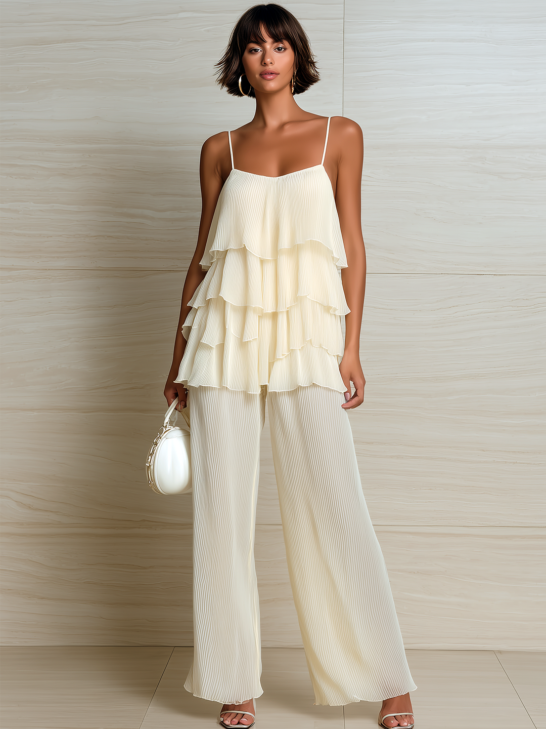 4Seasons Chic Elegant White Strappy Ruffle Sleeveless Tank Top Loose Pleated Chiffon Wide-Leg Pants Two-Piece Set