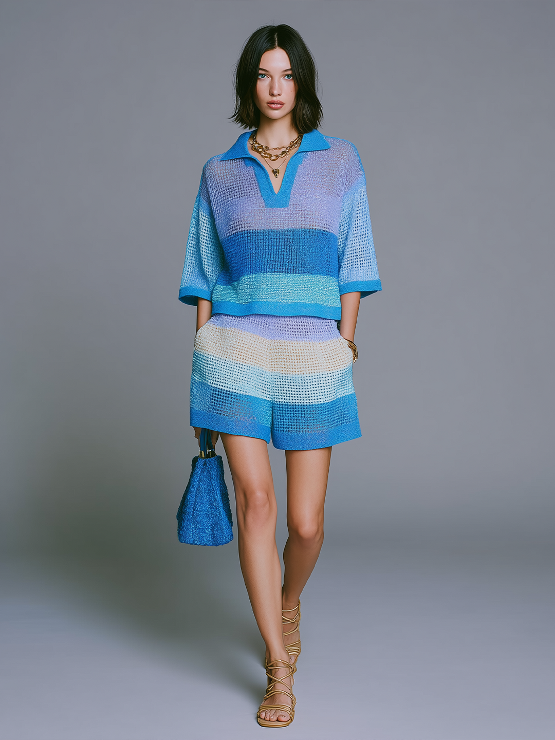 4Seasons Chic Elegant Blue-Purple Striped Lapel-Collar V-Neck Short-Sleeve Loose Sweater Top Shorts Knit Two-Piece Set