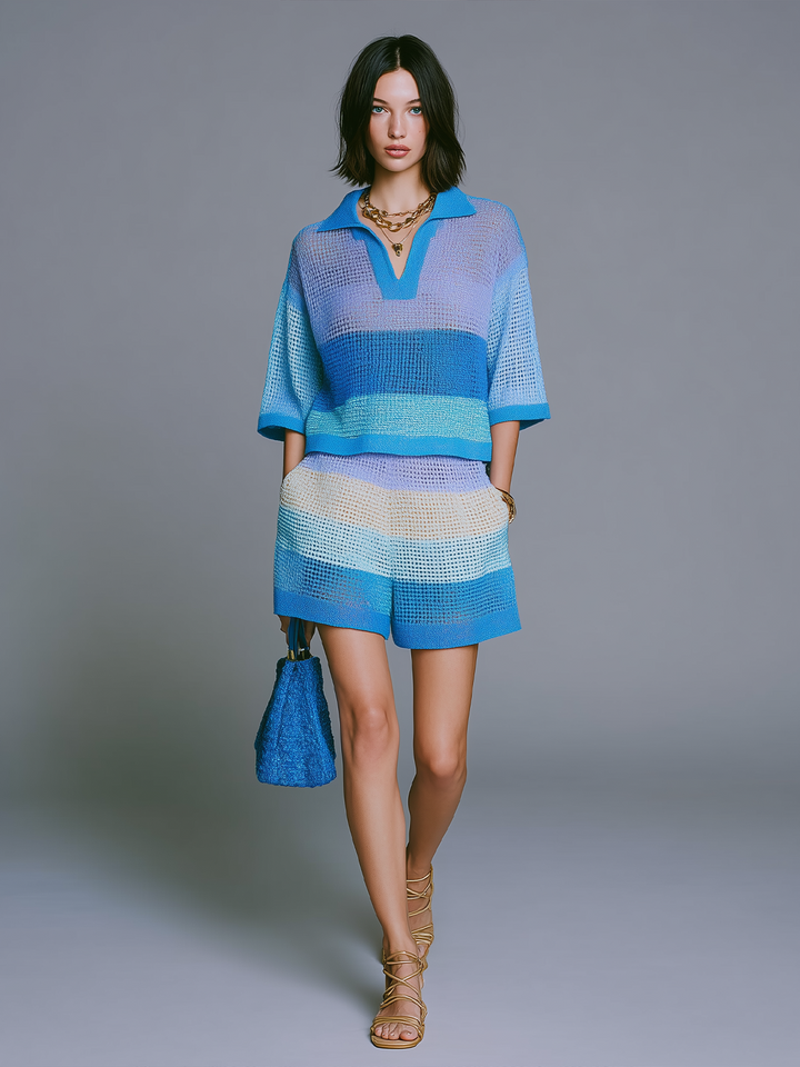 4Seasons Chic Elegant Blue-Purple Striped Lapel-Collar V-Neck Short-Sleeve Loose Sweater Top Shorts Knit Two-Piece Set