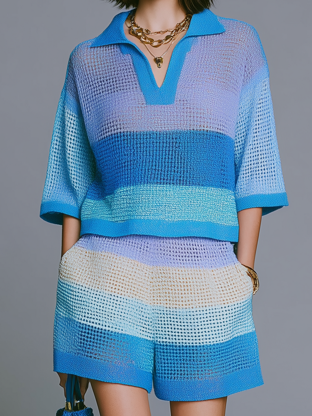 4Seasons Chic Elegant Blue-Purple Striped Lapel-Collar V-Neck Short-Sleeve Loose Sweater Top Shorts Knit Two-Piece Set