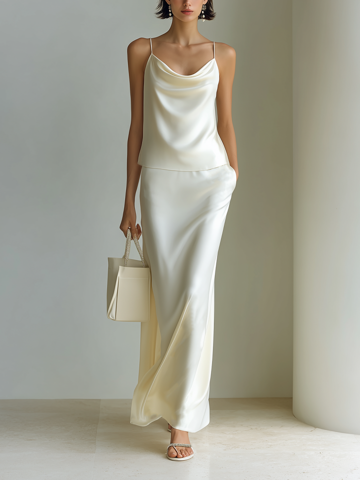 4Seasons Stylish Elegant Off-White Loose Strappy Cropped Camisole Maxi Skirt Satin Two-Piece Set