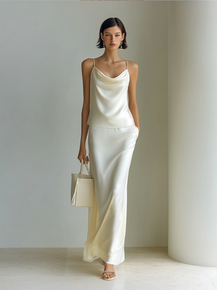 4Seasons Stylish Elegant Off-White Loose Strappy Cropped Camisole Maxi Skirt Satin Two-Piece Set