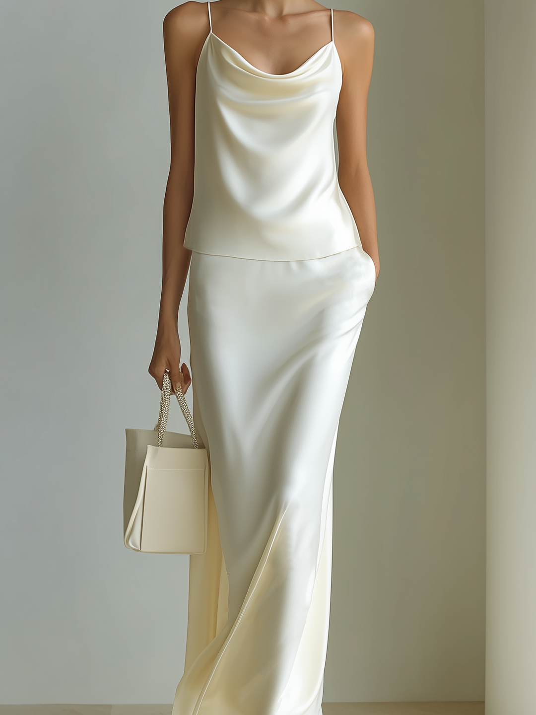 4Seasons Stylish Elegant Off-White Loose Strappy Cropped Camisole Maxi Skirt Satin Two-Piece Set