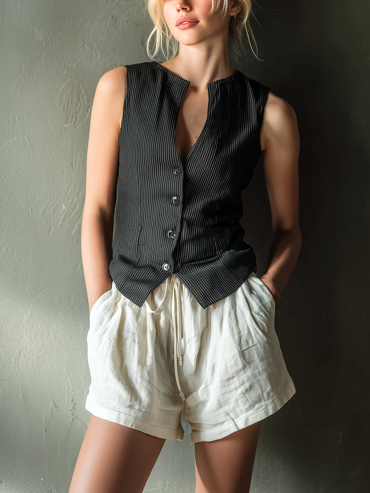 4Seasons Chic Casual Black Pinstripe Round Neck Single-Breasted Slim-Fit Vest White Drawstring-Waist Shorts Linen Blend Two-Piece Set