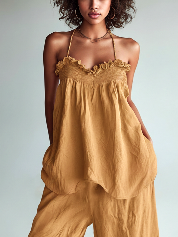 4Seasons Chic Casual Camel Halter Ruffle Sleeveless Loose-Fit  A-Line Cotton Blend Tank Top