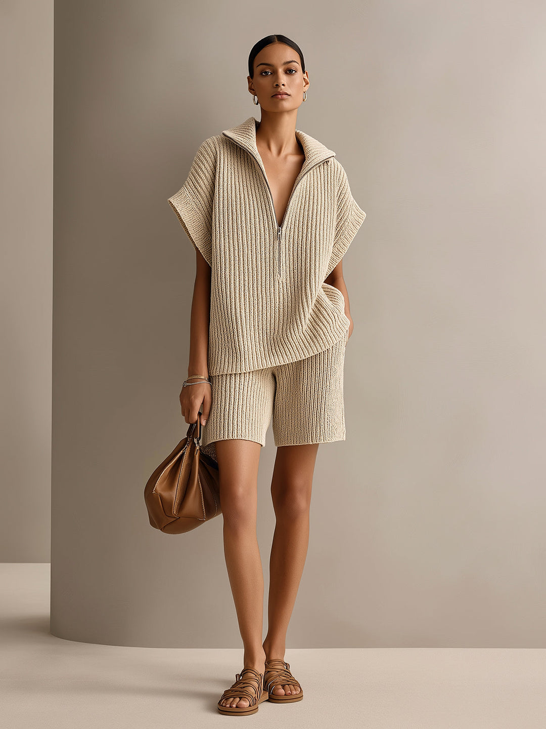 4Seasons Chic Elegant Beige Zipper-Up Lapel Collar Short-Sleeve Oversize Top Elastic-Waist Shorts Ribbed Knit Two-Piece Set