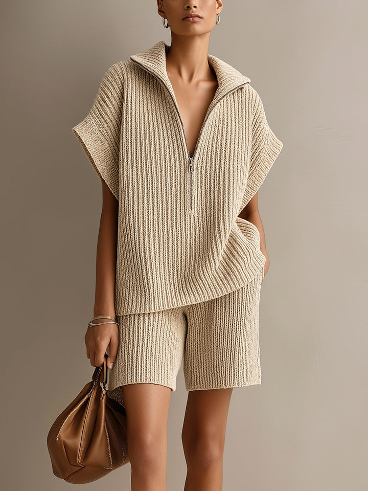 4Seasons Chic Elegant Beige Zipper-Up Lapel Collar Short-Sleeve Oversize Top Elastic-Waist Shorts Ribbed Knit Two-Piece Set