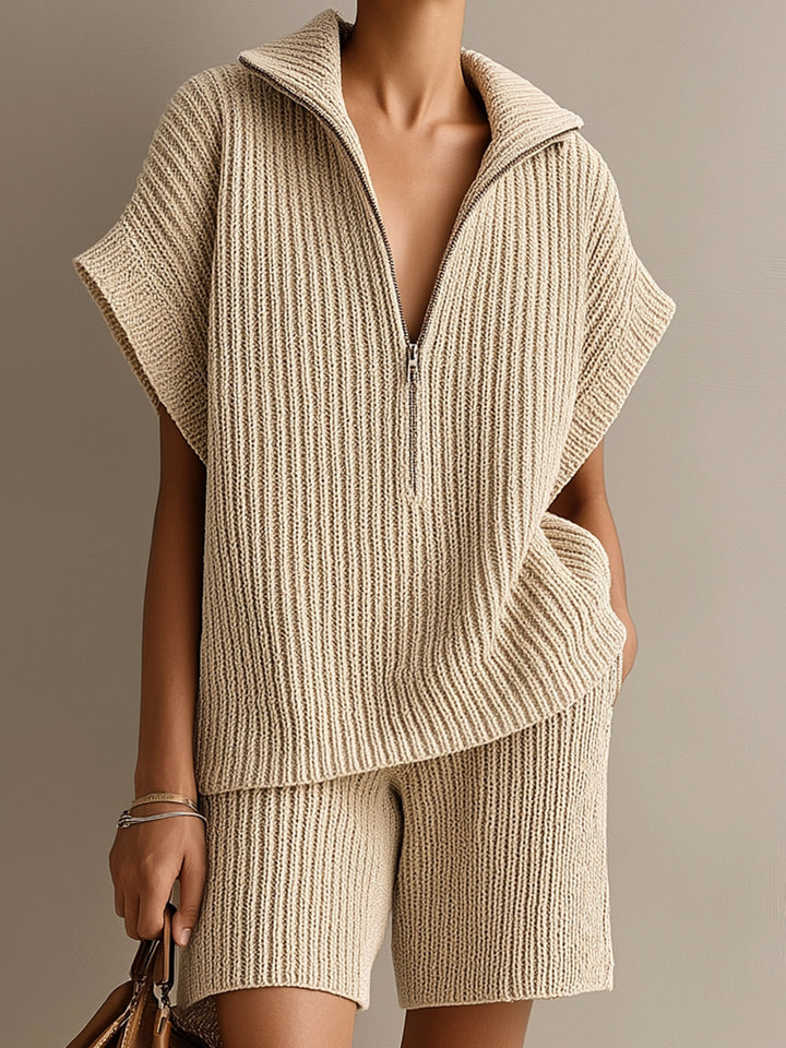 4Seasons Chic Elegant Beige Zipper-Up Lapel Collar Short-Sleeve Oversize Top Elastic-Waist Shorts Ribbed Knit Two-Piece Set