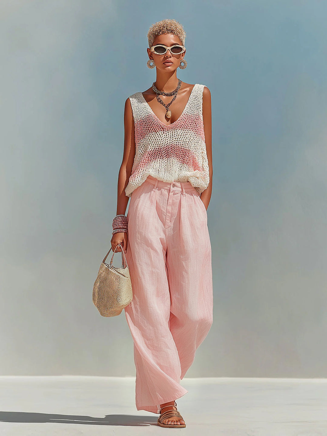 4Seasons Chic Elegant Pink-White Stripes V-Neck Sleeveless Loose-Fit Knit Tank Top Pink Satin Pants Two-Piece Set