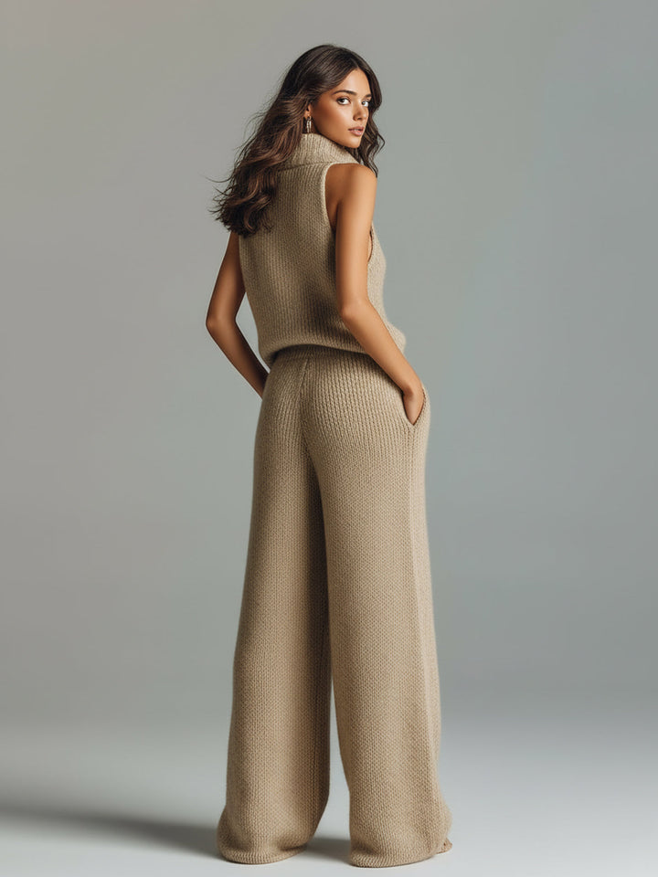 4Seasons Chic Elegant Camel Stand Collar V-Neck Sleeveless Sweater  Wide-Leg Pants Ribbed Knit Two-Piece Set