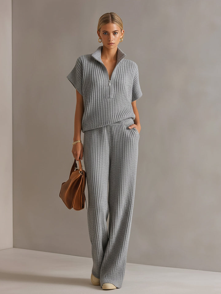 4Seasons Chic Elegant Cream White Zipper-Up Stand Collar Oversize Short-Sleeve Sweater  Wide-Leg Pants Ribbed Knit Two-Piece Set