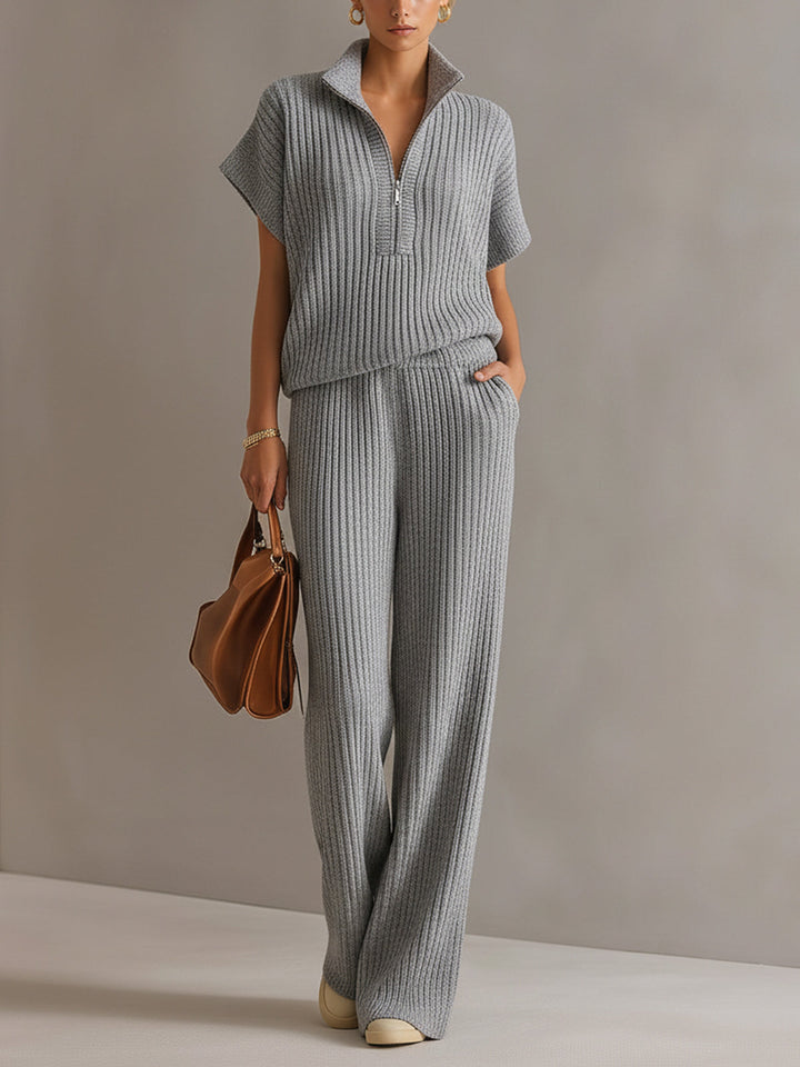 4Seasons Chic Elegant Cream White Zipper-Up Stand Collar Oversize Short-Sleeve Sweater  Wide-Leg Pants Ribbed Knit Two-Piece Set