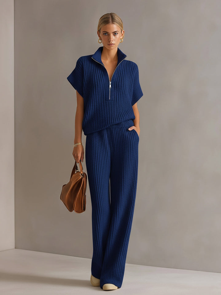 4Seasons Chic Elegant Cream White Zipper-Up Stand Collar Oversize Short-Sleeve Sweater  Wide-Leg Pants Ribbed Knit Two-Piece Set