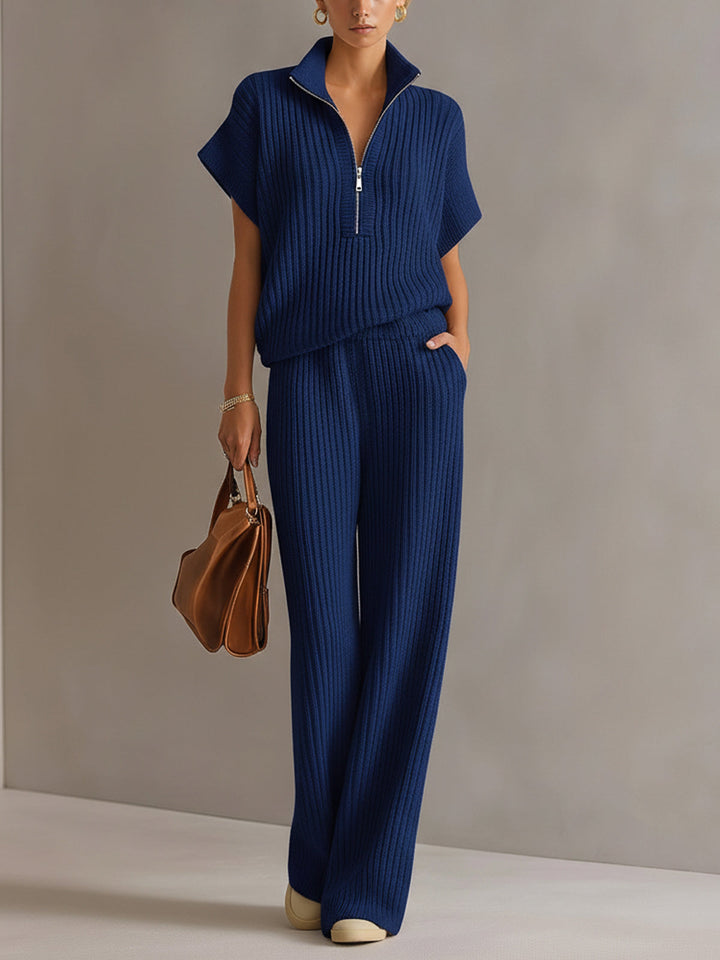 4Seasons Chic Elegant Cream White Zipper-Up Stand Collar Oversize Short-Sleeve Sweater  Wide-Leg Pants Ribbed Knit Two-Piece Set