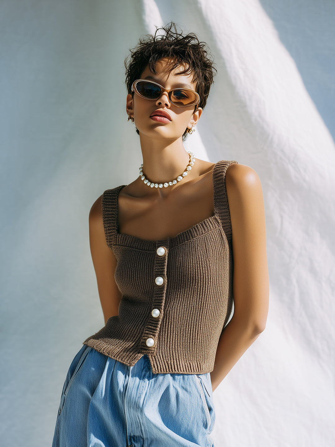 4Seasons Chic Casual Brown Square Neck Sleeveless Button Details Slim-Fit Ribbed Knit Tank Top