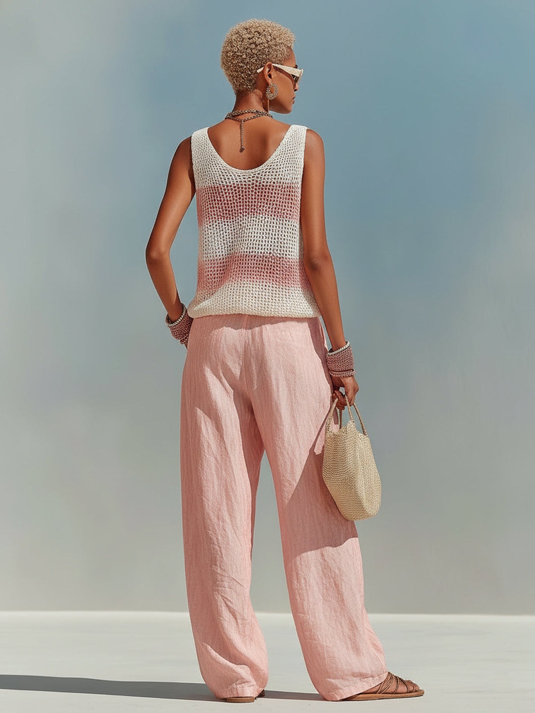 4Seasons Chic Elegant Pink-White Stripes V-Neck Sleeveless Loose-Fit Knit Tank Top Pink Satin Pants Two-Piece Set