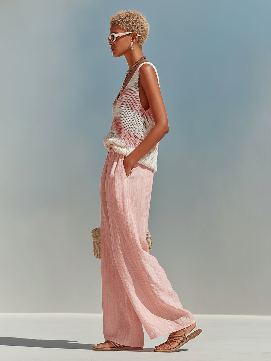 4Seasons Chic Elegant Pink-White Stripes V-Neck Sleeveless Loose-Fit Knit Tank Top Pink Satin Pants Two-Piece Set