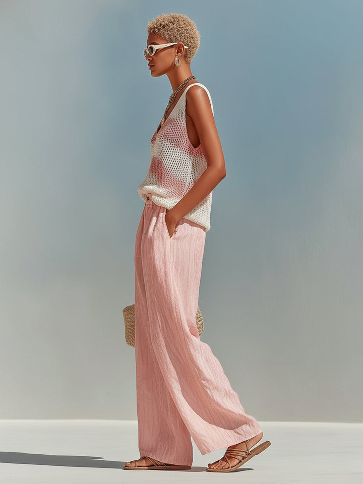 4Seasons Chic Elegant Pink-White Stripes V-Neck Sleeveless Loose-Fit Knit Tank Top Pink Satin Pants Two-Piece Set