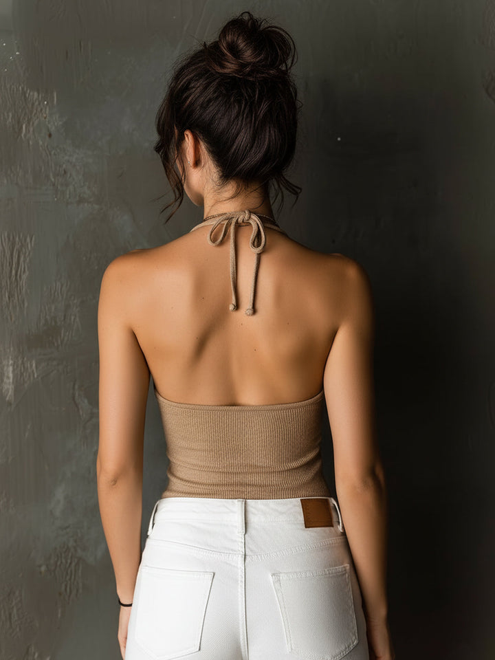 4Seasons Chic Elegant Camel Strappy Button Detail Sleeveless Slim-Fit Ribbed Knit Camisole