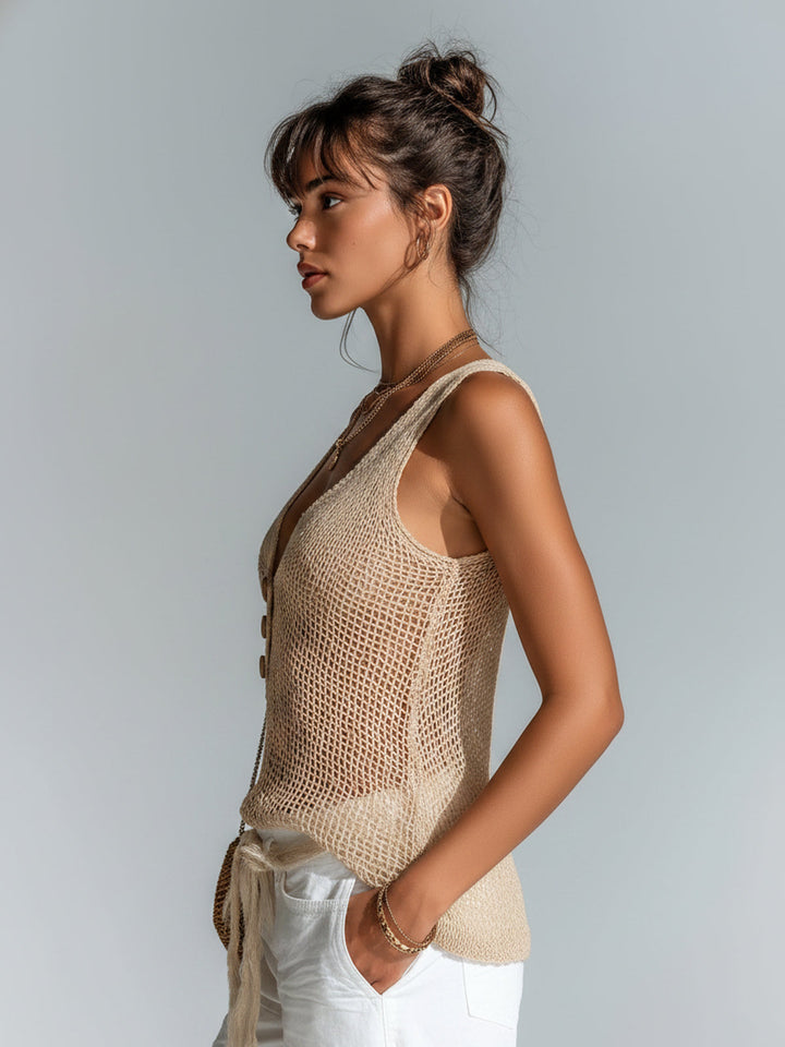 4Seasons Chic Elegant Camel V-Neck Button-Front Sleeveless Slim-Fit Mesh Knit Tank Top