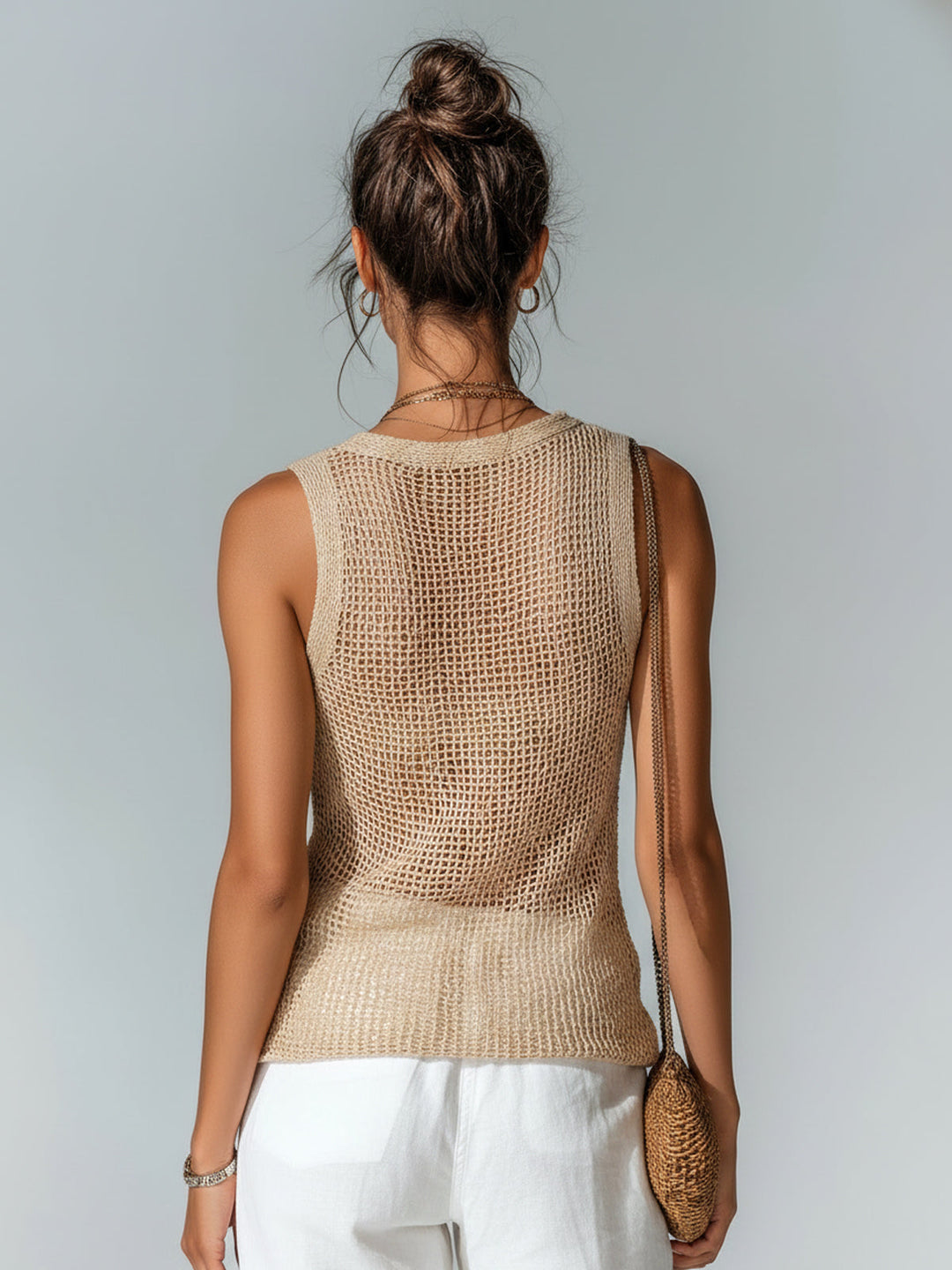 4Seasons Chic Elegant Camel V-Neck Button-Front Sleeveless Slim-Fit Mesh Knit Tank Top