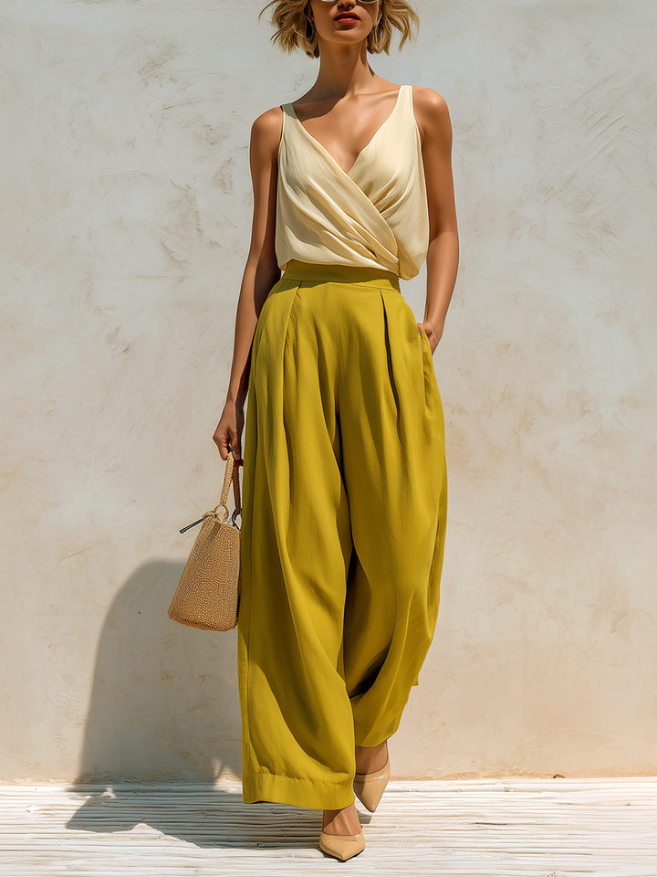 4Seasons Chic Elegant Beige V-neck Tank Top Loose Mustard Yellow Chiffon Wide-Leg Pants Two-Piece Set