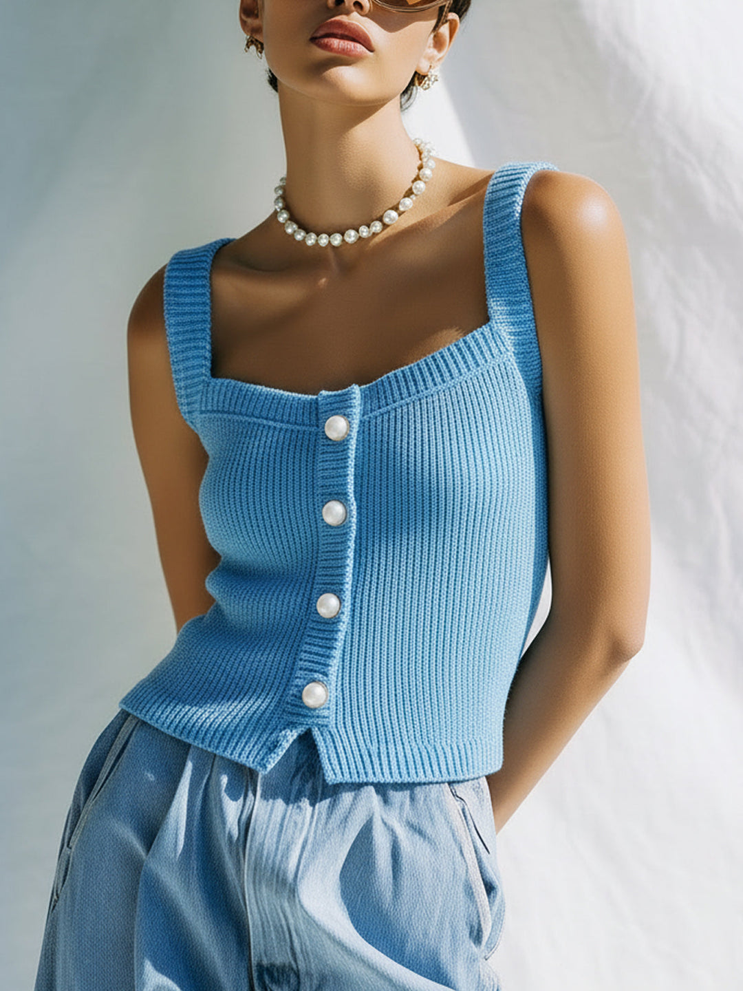 4Seasons Chic Casual Brown Square Neck Sleeveless Button Details Slim-Fit Ribbed Knit Tank Top