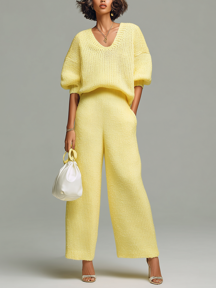 4Seasons Chic Casual Yellow V-Neck Short-Sleeve Loose-Fit Top Wide-Leg Pants Ribbed Knit Two-Piece Set