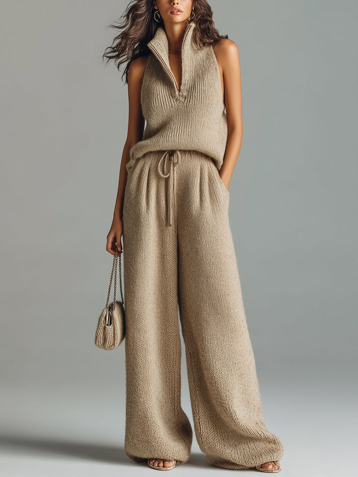 4Seasons Chic Elegant Camel Stand Collar V-Neck Sleeveless Sweater  Wide-Leg Pants Ribbed Knit Two-Piece Set