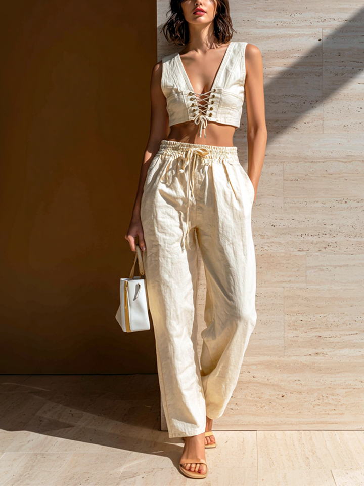 4Seasons Chic Elegant White V-Neck Eyelet Lace-Up Tank Top Loose Cotton Wide-Leg Pants Two-Piece Set