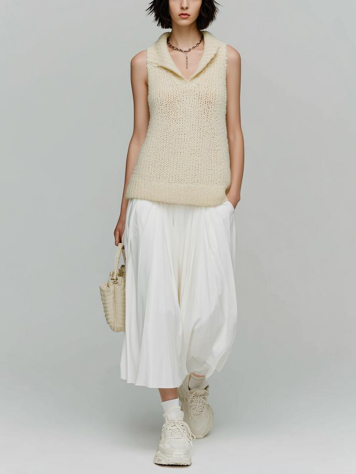 4Seasons Chic Elegant Cream White Collar V-Neck Sleeveless Knit Sweater Loose A-Line Chiffon Maxi Skirt Two-Piece Set