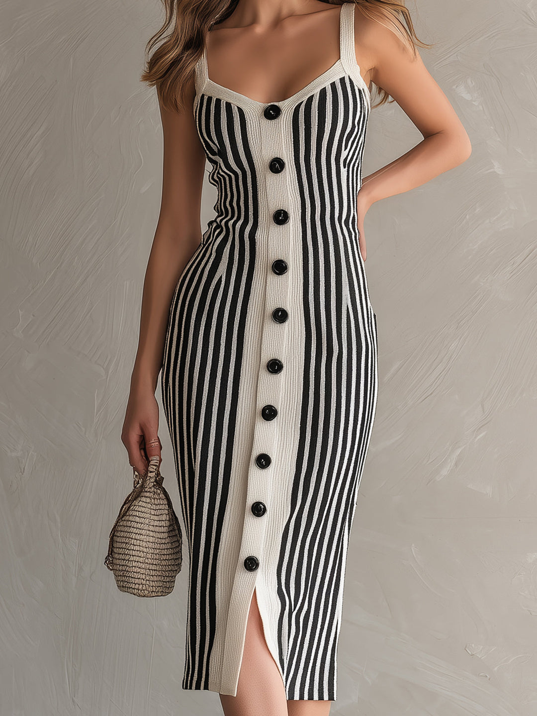 4Seasons Chic Elegant Cream White-Black Stripes Square Neck Sleeveless Button-Front Slim-Fit Knit Midi Dress