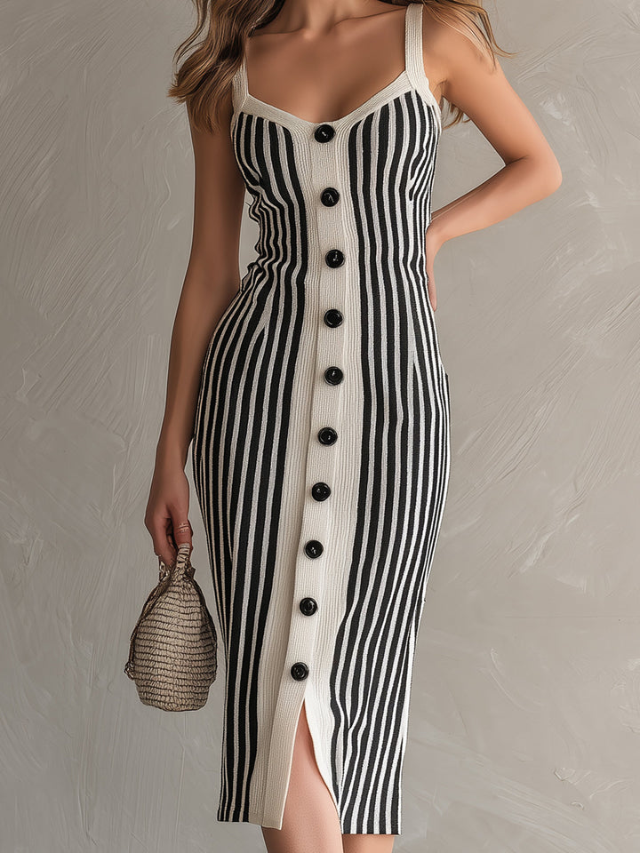 4Seasons Chic Elegant Cream White-Black Stripes Square Neck Sleeveless Button-Front Slim-Fit Knit Midi Dress