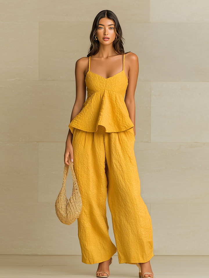 4Seasons Chic Elegant Yellow V-Neck Flounced Hem Tank Top Loose Crinkled Fabric Wide-Leg Pants Two-Piece Set