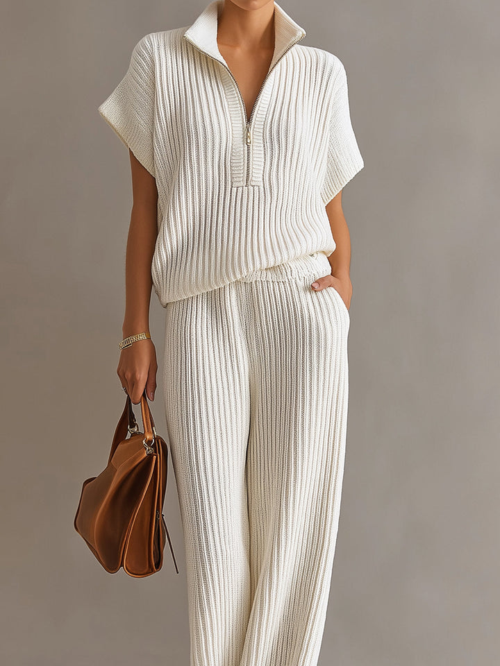 4Seasons Chic Elegant Cream White Zipper-Up Stand Collar Oversize Short-Sleeve Sweater  Wide-Leg Pants Ribbed Knit Two-Piece Set