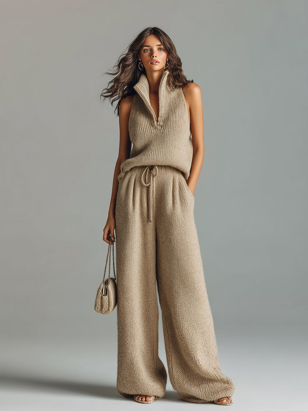 4Seasons Chic Elegant Camel Stand Collar V-Neck Sleeveless Sweater  Wide-Leg Pants Ribbed Knit Two-Piece Set