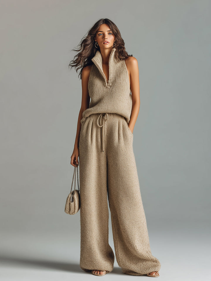 4Seasons Chic Elegant Camel Stand Collar V-Neck Sleeveless Sweater  Wide-Leg Pants Ribbed Knit Two-Piece Set