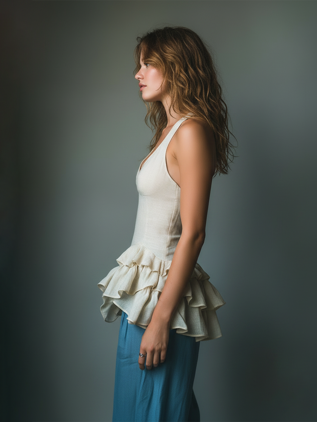 4Seasons Chic Elegant Off-White V-Neck Peplum Ruffle Sleeveless Slim-Fit Cotton-Linen Blend Tank Top