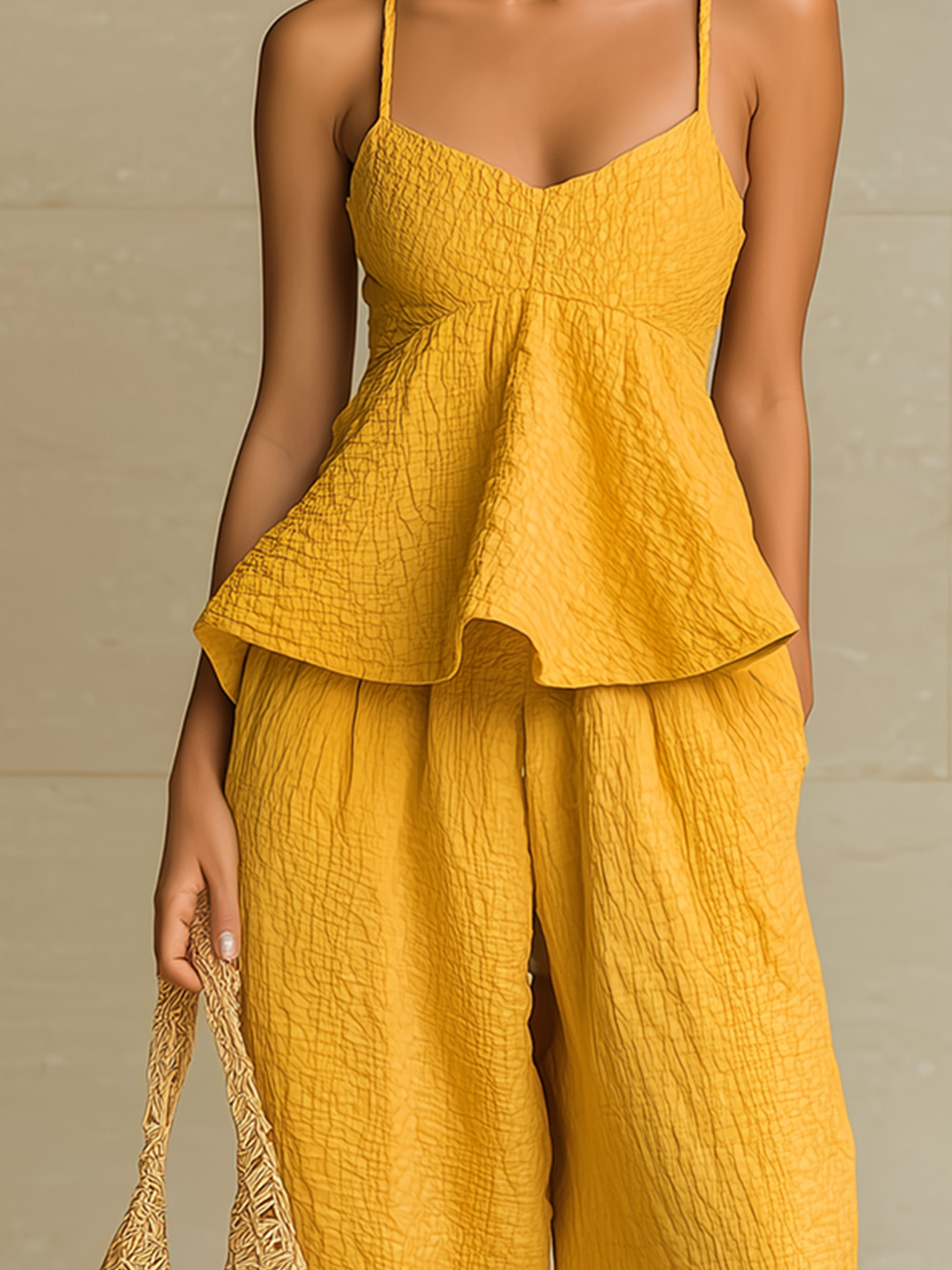 4Seasons Chic Elegant Yellow V-Neck Flounced Hem Tank Top Loose Crinkled Fabric Wide-Leg Pants Two-Piece Set