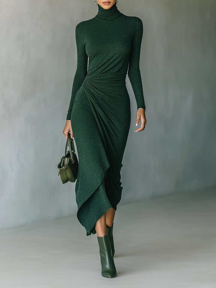 Aislinn | Dark Green Asymmetrical Wrap Midi Dress with Pleats and High Collar