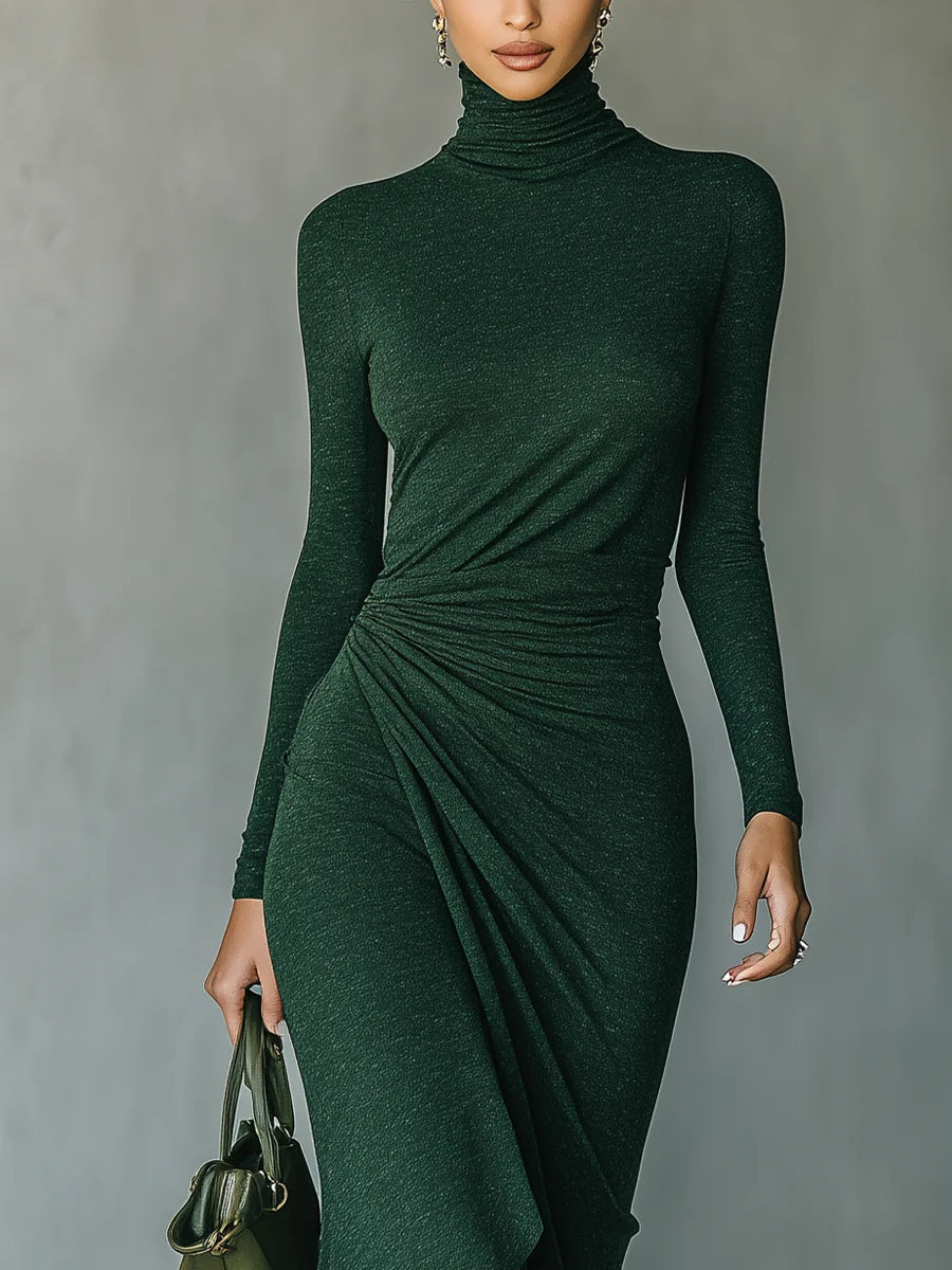 Aislinn | Dark Green Asymmetrical Wrap Midi Dress with Pleats and High Collar